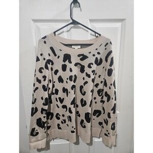 Loft Outlet Leopard Print Metallic Knit Sweater XL Tan Black Animal Crew Neck